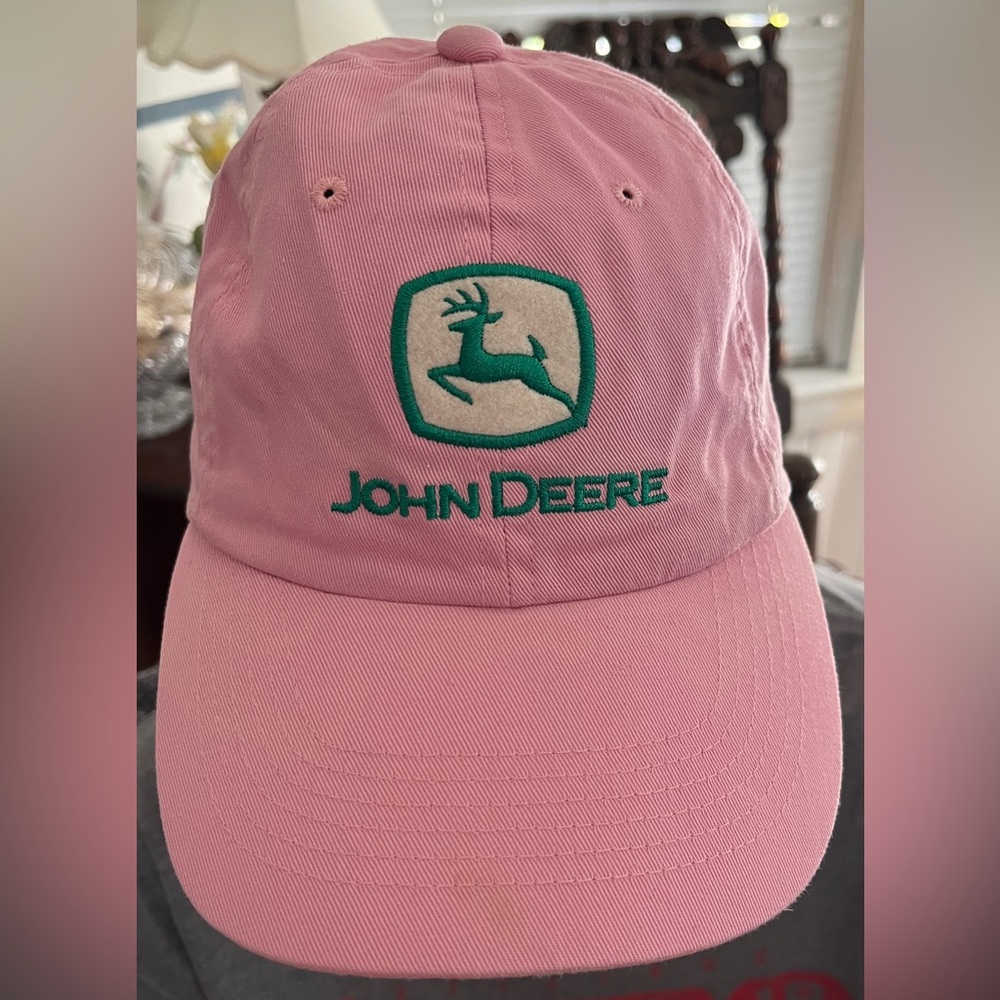 John Deere pink adjustable baseball cap, hat women’s green, and white logo